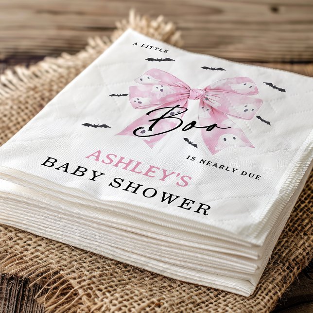 Coquette Pink Bow Boo Baby Shower  Napkin (Little Boo is Almost Due Baby Shower Paper Napkin, Croquette Pink Bow Halloween Little Boo Napkin)