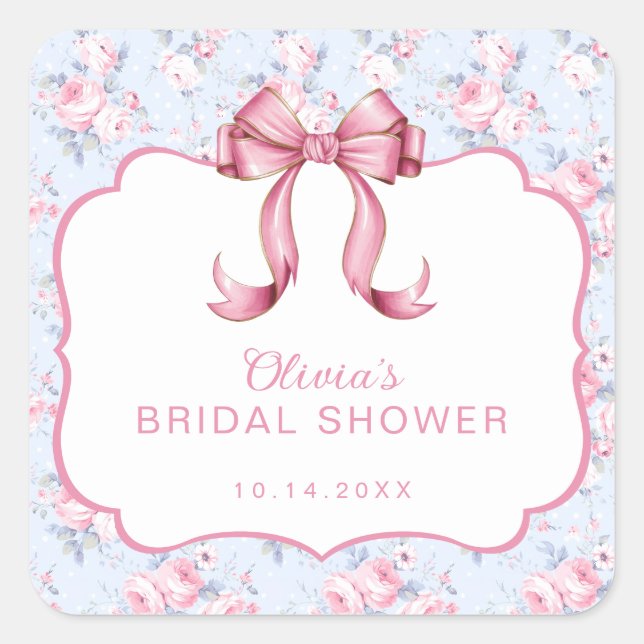 Coquette Pink Bow Bridal Shower Square Sticker (Front)