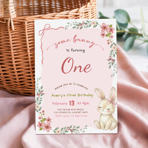 Coquette Pink Bow Bunny Floral Rabbit 1st Birthday Invitation