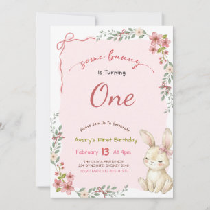 Coquette Pink Bow Bunny Floral Rabbit 1st Birthday Invitation