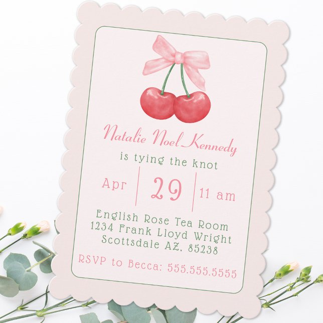 Coquette Pink Bow Cherries Aesthetic Bridal Shower Invitation (Creator Uploaded)