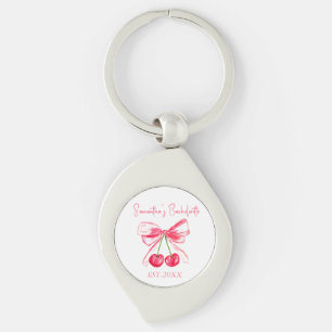 Coquette Pink Bow Cherry Bachelorette Party Key Ring