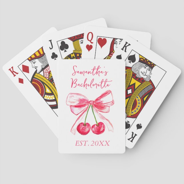 Coquette Pink Bow Cherry Bachelorette Party  Playing Cards (Back)