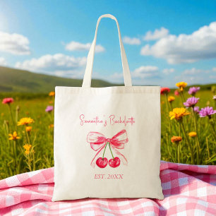 Coquette Pink Bow Cherry Bachelorette Party Tote Bag