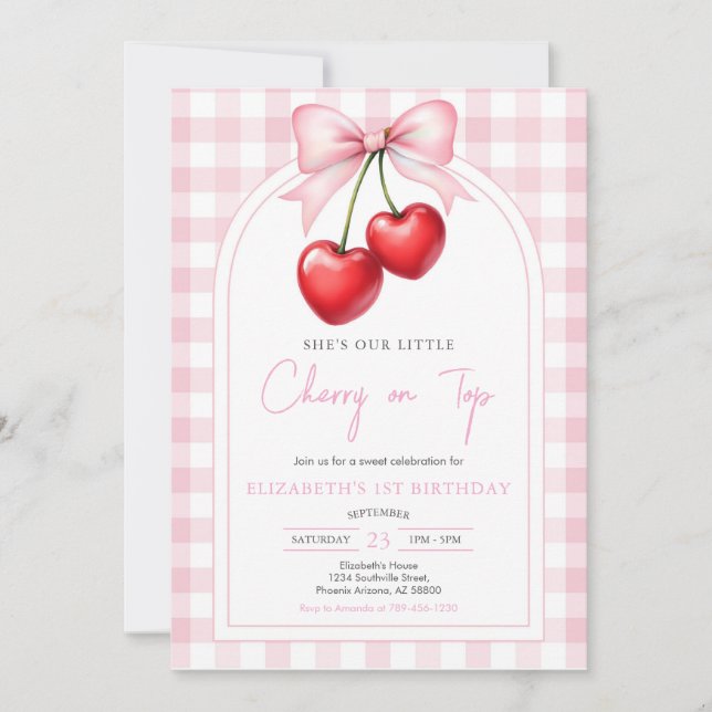 Coquette Pink Bow Cherry Birthday Invitation (Front)