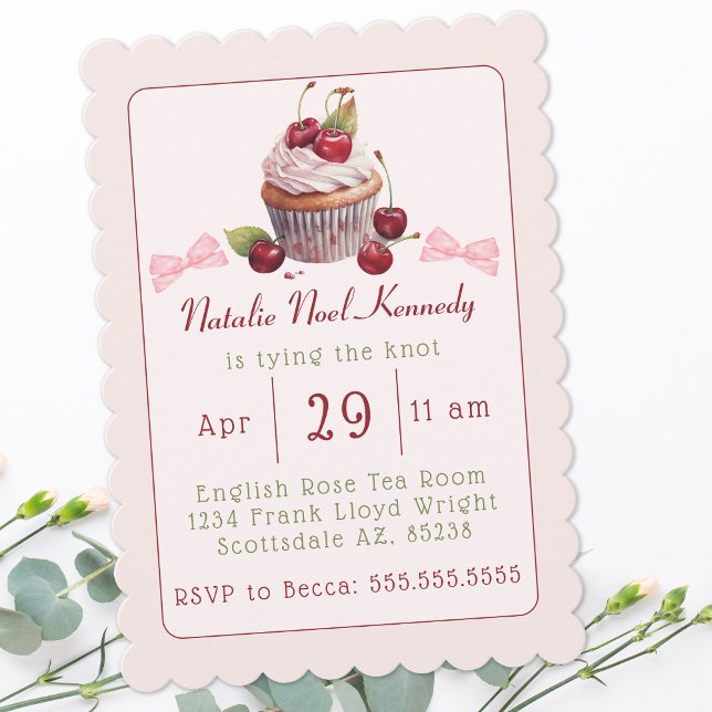 Coquette Pink Bow Cherry Cake Cute Bridal Shower Invitation (Creator Uploaded)