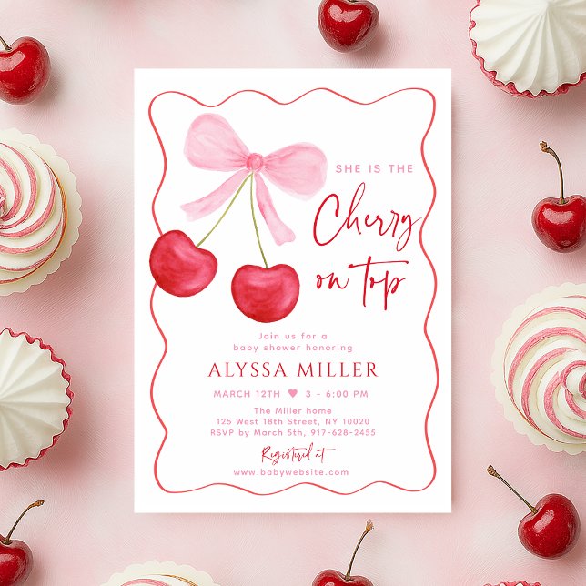 Coquette Pink Bow Cherry on Top Baby Shower Invitation (Creator Uploaded)
