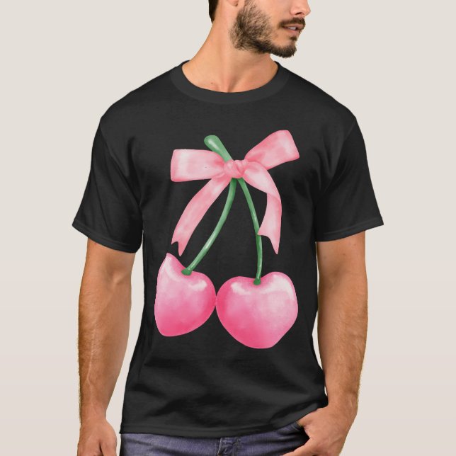 Coquette Pink Bow Cherry Valentines Day Aesthetic  T-Shirt (Front)