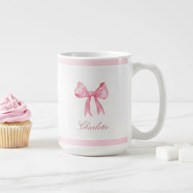 Coquette Pink Bow Coffee Mug (pink coquette bow mug with custom name in script caliigraphy, personalized birthday gift for girls)