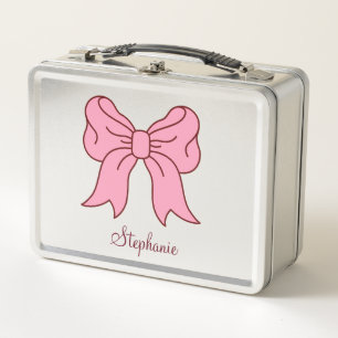 Coquette Pink Bow Custom Name   Cute Girls Preppy Metal Lunch Box