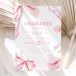 Coquette PINK BOW First Birthday Invitation