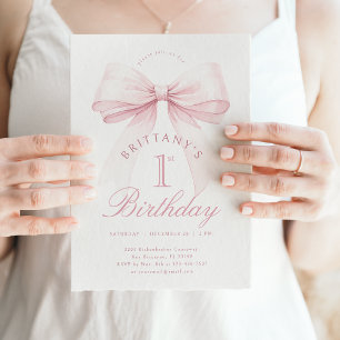 Coquette Pink Bow First Birthday Invitation
