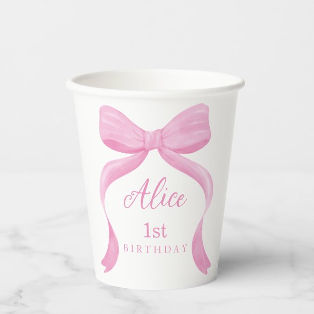 Coquette Pink Bow First Birthday Paper Cups (Front)
