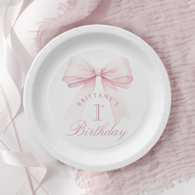 Coquette Pink Bow First Birthday Paper Plate (Creator Uploaded)