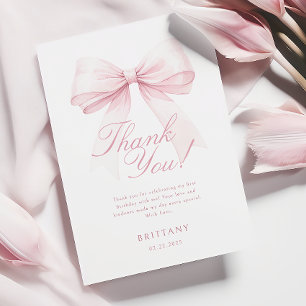 Coquette Pink Bow First Birthday Thank You Card