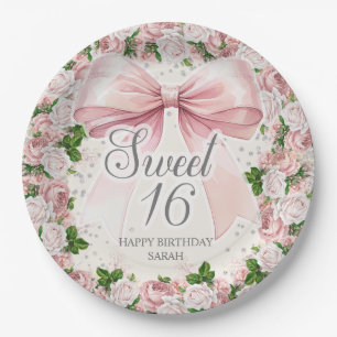 Coquette Pink Bow Floral Vintage Sweet 16 Paper Plate