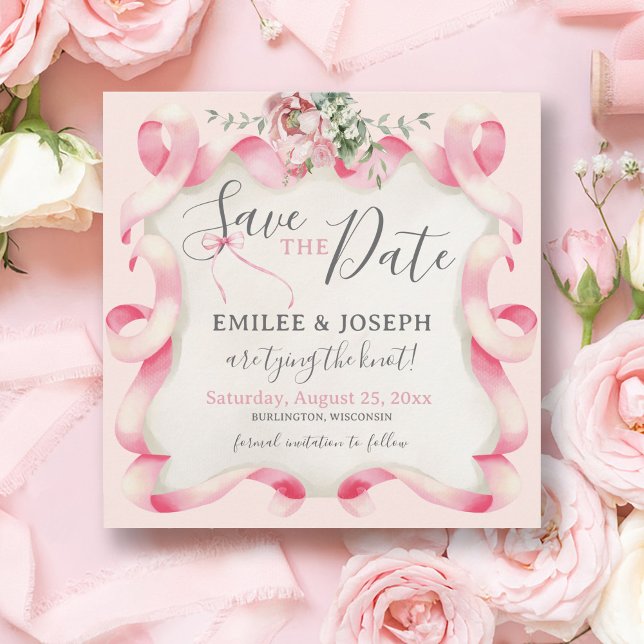 Coquette Pink Bow Floral Wedding Save the Date  Invitation (Modern Trendy Coquette feminine pink bow ribbon floral vintage wedding save the date, Tying the Knot)