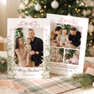 Coquette Pink Bow Four Photo Christmas Holiday Card