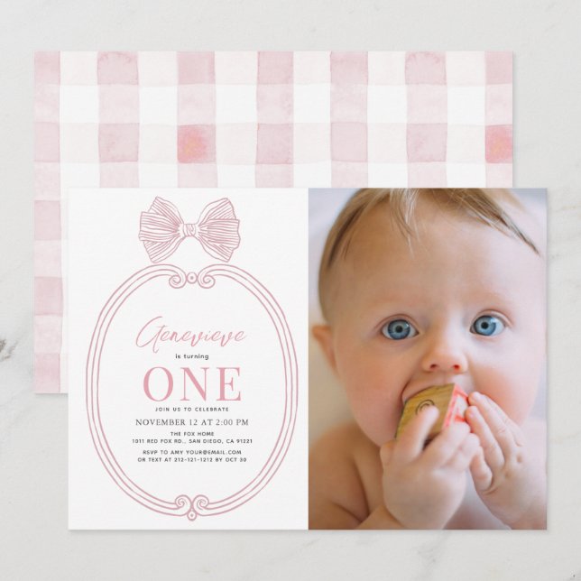 Coquette Pink Bow Frame Girl 1st Birthday Photo Invitation (Front/Back)