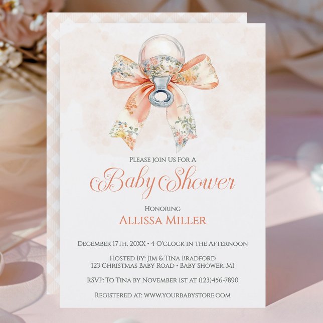 Coquette Pink Bow Gingham Girl Baby Shower Invitation (Elegant Coquet Pink Bow Girl Baby Shower Invitation)