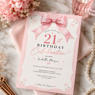Coquette Pink Bow Girl 21st Birthday Party Invitation
