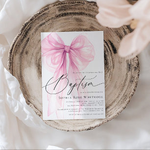 Coquette Pink Bow Girl Baptism Invitation