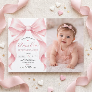 Coquette Pink Bow Girl Birthday Party Photo Invitation