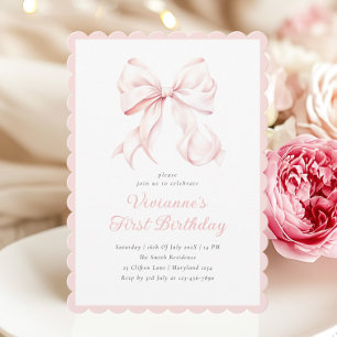 Coquette Pink Bow Girl First Birthday Invitation