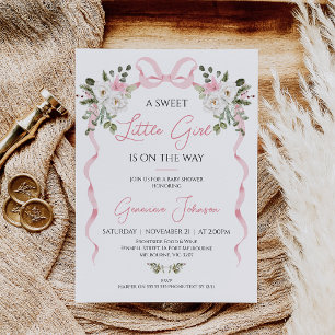 Coquette Pink Bow Girls Winter Floral Baby Shower Invitation