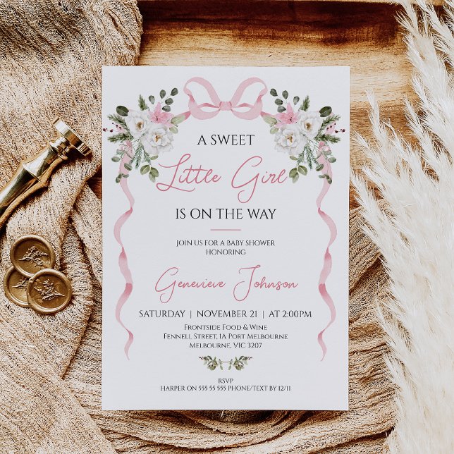 Coquette Pink Bow Girls Winter Floral Baby Shower Invitation (Coquette Bow Winter Floral Baby Shower Invitation Girl, Pink Bow Baby Shower Invitation, Winter Bow)