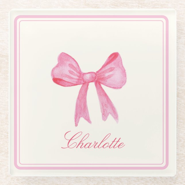 Coquette Pink Bow Glass Coaster (Front)
