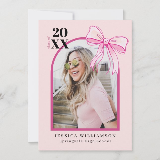 Coquette Pink Bow Graduation Announcement Photo (Front)