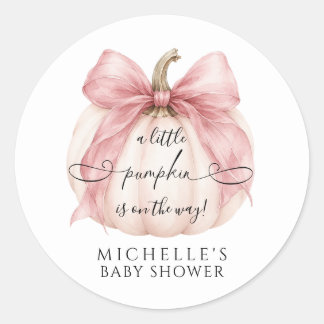 Coquette Pink Bow Little Pumpkin Baby Shower Favou Classic Round Sticker