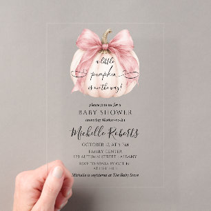 Coquette Pink Bow Little Pumpkin Girl Baby Shower Acrylic Invitations