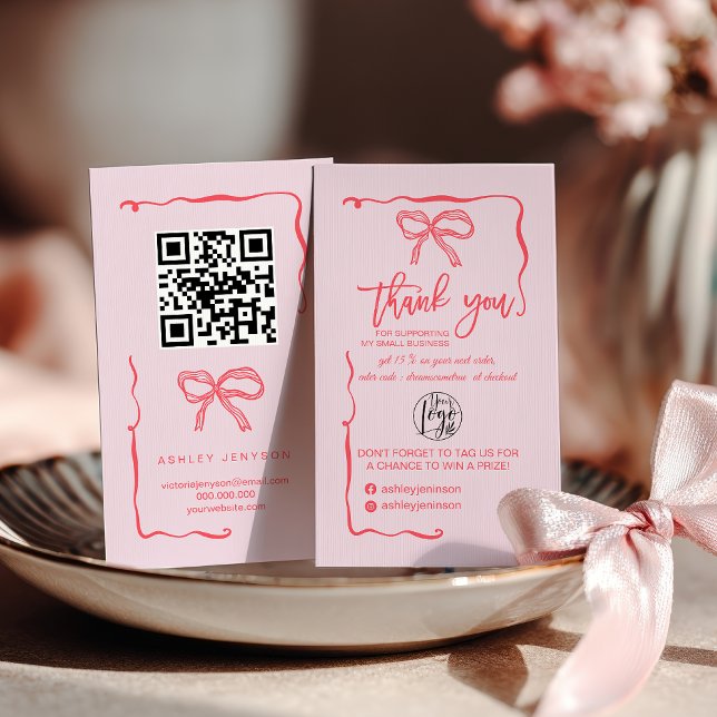 Coquette Pink Bow Logo QR Thank You Order Business Card (Coquette Pink Bow Logo QR Thank You Order Business Card)