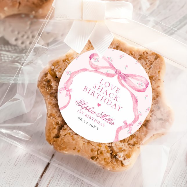 Coquette Pink Bow Love Shack Birthday Classic Round Sticker (Creator Uploaded)