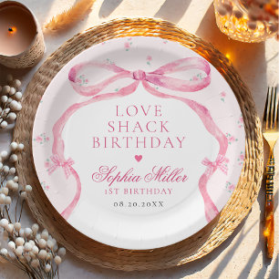 Coquette Pink Bow Love Shack Birthday Paper Plate
