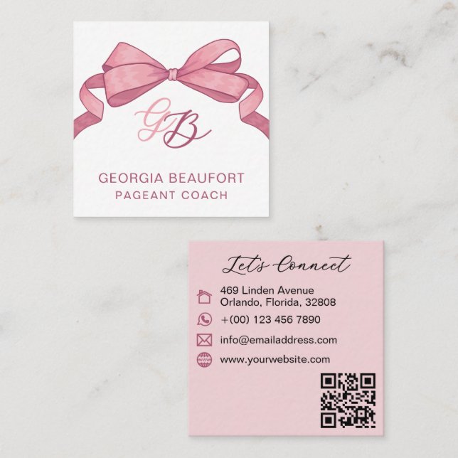 Coquette Pink Bow Monogram Beauty QR Code Square Business Card (Front/Back)