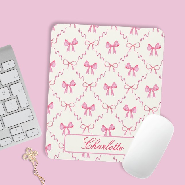 Coquette Pink Bow Mouse Pad (sweet cute personalized pink bow coquette mousepad with custom name in elegant calligraphy script)