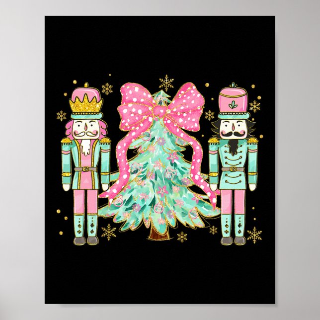 Coquette Pink Bow Nutcracker Christmas Tree Preppy Poster (Front)