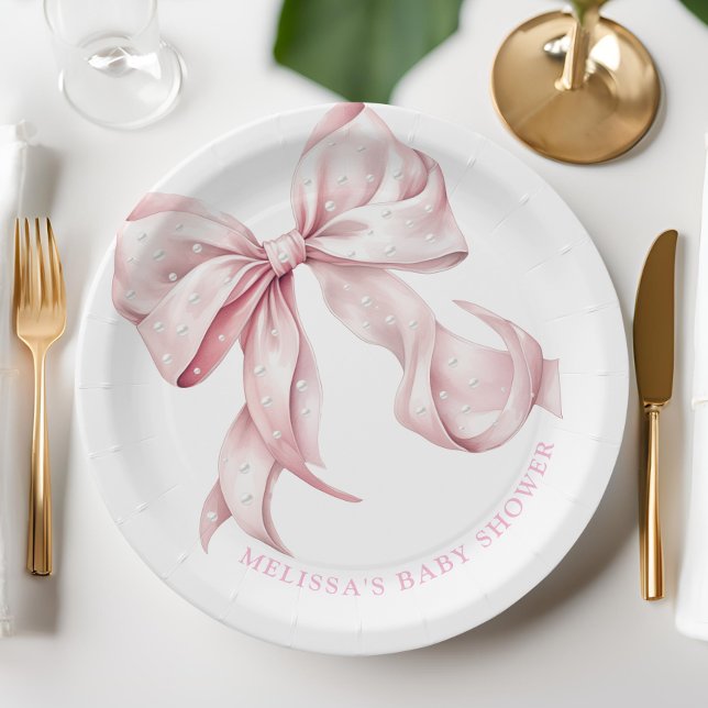 Coquette Pink Bow Pearls Baby Shower Paper Plate (Creator Uploaded)