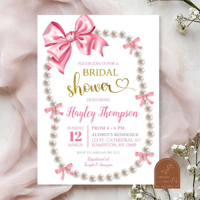Coquette Pink Bow Pearls Bridal Shower Invitation (Creator Uploaded)