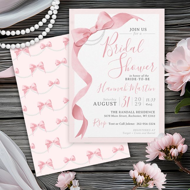 Coquette Pink Bow & Pearls Modern Bridal Shower Invitation (Elegant Coquette aesthetic pink ribbon bow and pearls modern wedding bridal shower invitation )