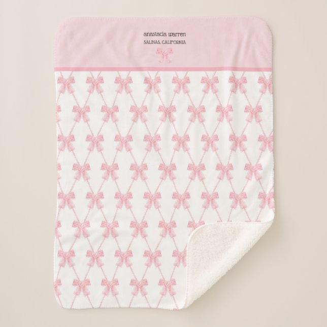 Coquette Pink Bow Personalised Sherpa Blanket (Front)