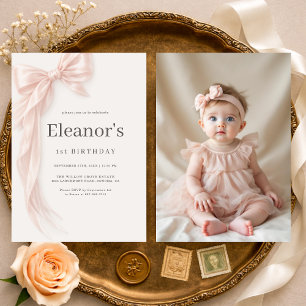 Coquette Pink Bow Photo Girl's 1st Birthday Invitation