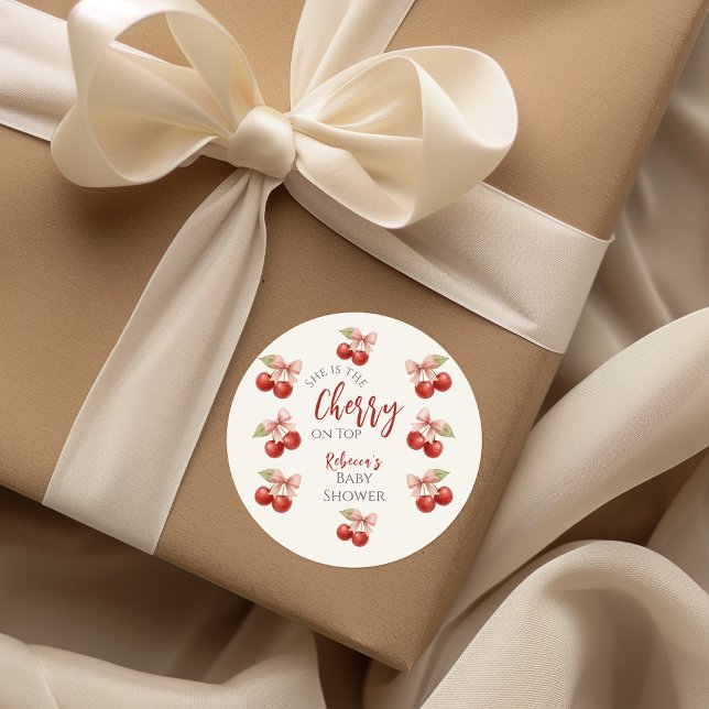 Coquette Pink Bow Red Cherry on Top Baby Shower Classic Round Sticker (Creator Uploaded)