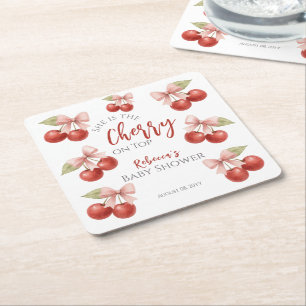 Coquette Pink Bow Red Cherry on Top Baby Shower Square Paper Coaster