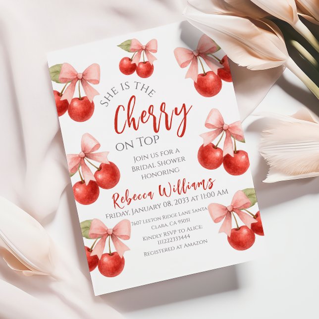 Coquette Pink Bow Red Cherry on Top Bridal Shower Invitation (Creator Uploaded)