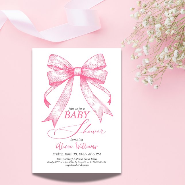 Coquette Pink Bow Retro Girl Baby Shower Invitation (Creator Uploaded)