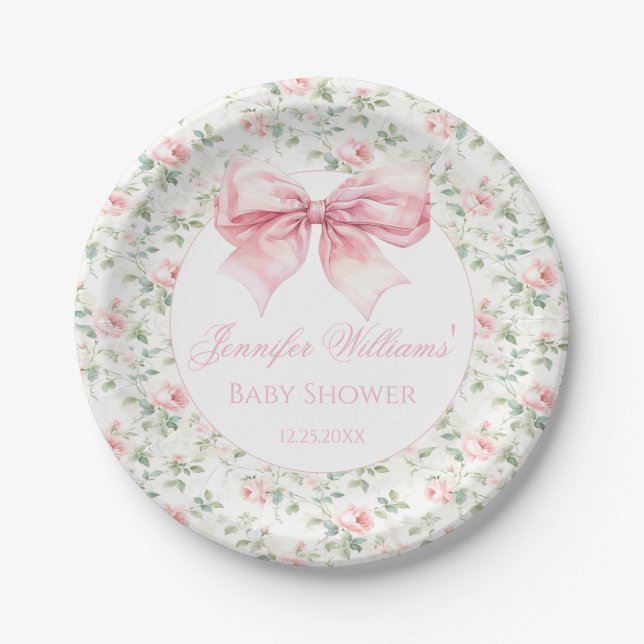 Coquette pink bow ribbon floral baby girl shower paper plate (Front)